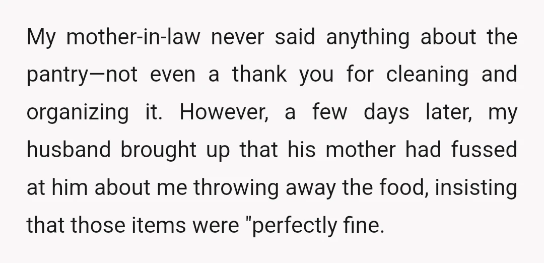 My mother-in-law never said anything about the pantry—not even a thank you for cleaning and organizing it. However, a few days later, my husband brought up that his mother had...