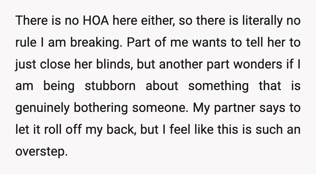 There is no HOA here either, so there is literally no rule I am breaking. Part of me wants to tell her to just close her blinds, but another part...