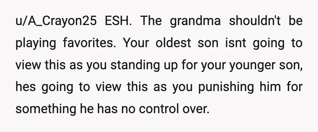 u/A_Crayon25 ESH. The grandma shouldn't be playing favorites. Your oldest son isnt going to view this as you standing up for your younger son, hes going to view this as...