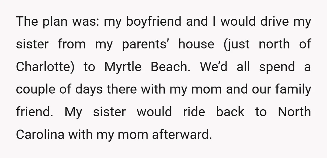 The plan was: my boyfriend and I would drive my sister from my parents’ house (just north of Charlotte) to Myrtle Beach. We’d all spend a couple of days there...
