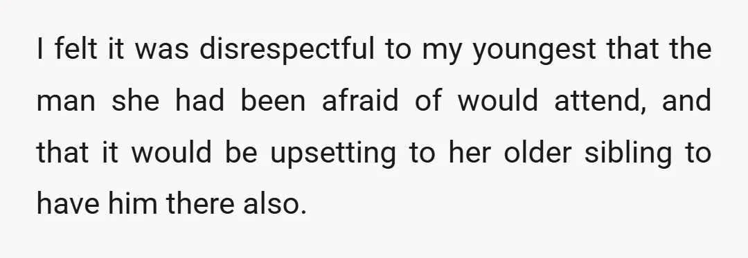 I felt it was disrespectful to my youngest that the man she had been afraid of would attend, and that it would be upsetting to her older sibling to have...