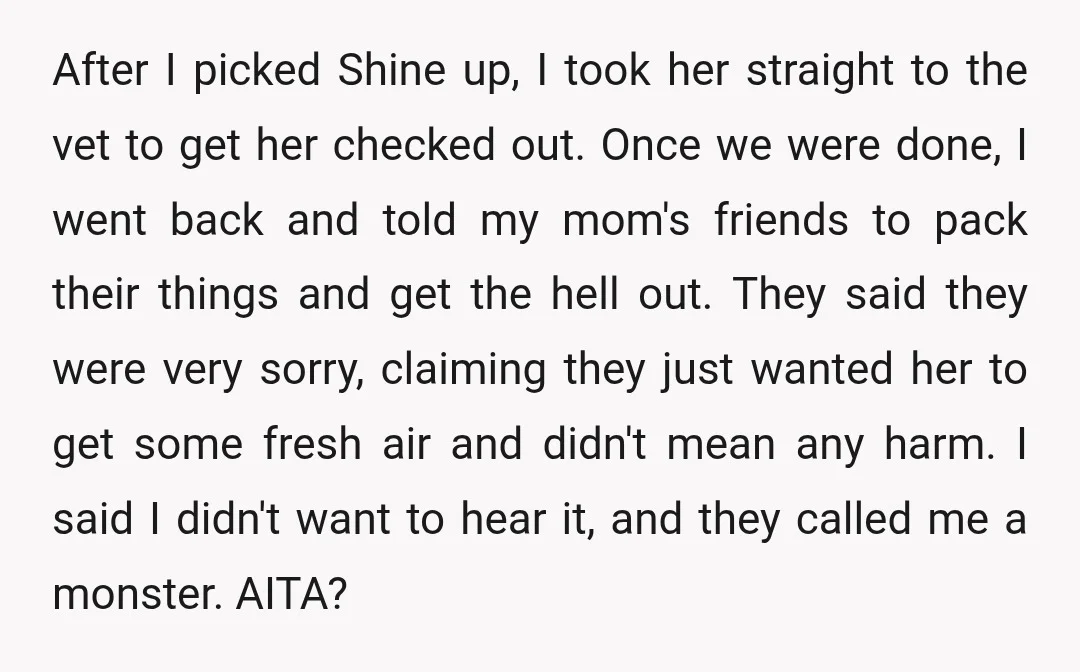 After I picked Shine up, I took her straight to the vet to get her checked out. Once we were done, I went back and told my mom's friends to...