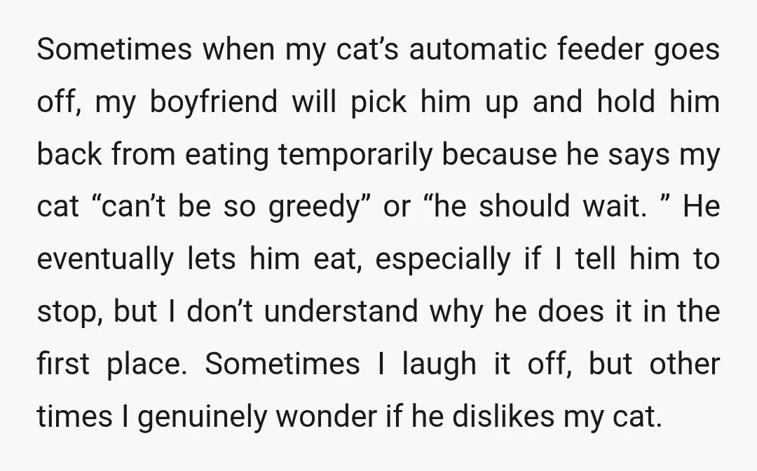 Sometimes when my cat’s automatic feeder goes off, my boyfriend will pick him up and hold him back from eating temporarily because he says my cat “can’t be so greedy”...