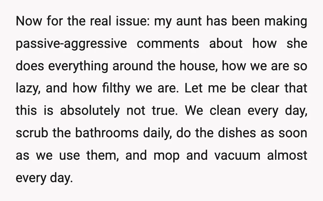 Now for the real issue: my aunt has been making passive-aggressive comments about how she does everything around the house, how we are so lazy, and how filthy we are....