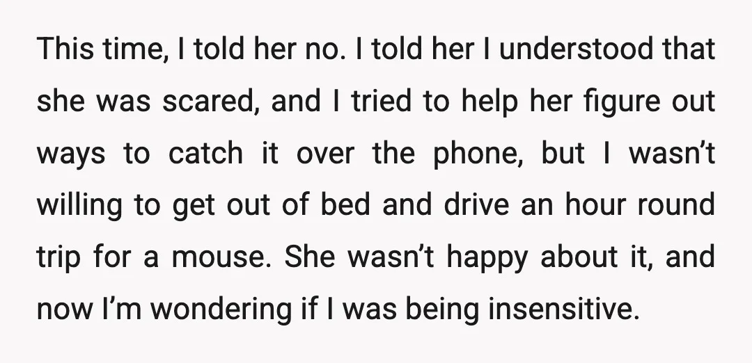 This time, I told her no. I told her I understood that she was scared, and I tried to help her figure out ways to catch it over the phone,...