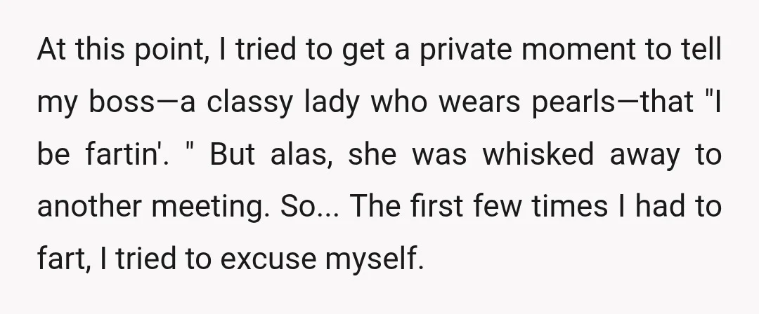 At this point, I tried to get a private moment to tell my boss—a classy lady who wears pearls—that "I be fartin'. " But alas, she was whisked away to...