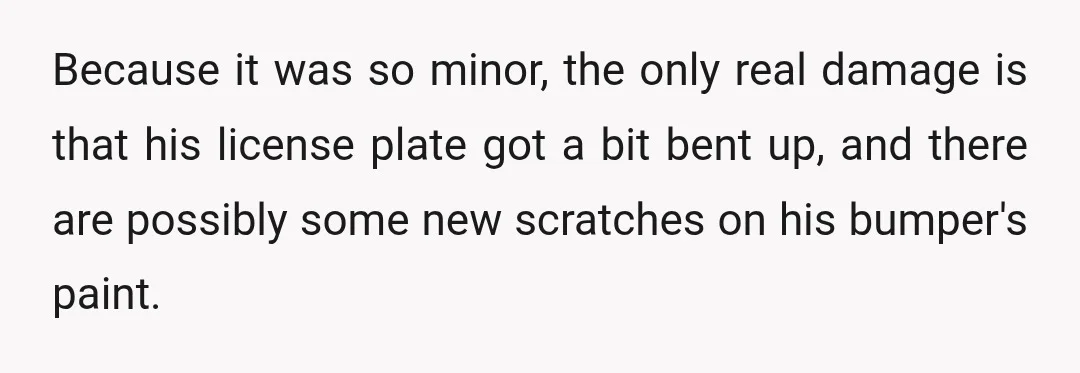Because it was so minor, the only real damage is that his license plate got a bit bent up, and there are possibly some new scratches on his bumper's paint.