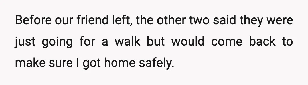 Before our friend left, the other two said they were just going for a walk but would come back to make sure I got home safely.