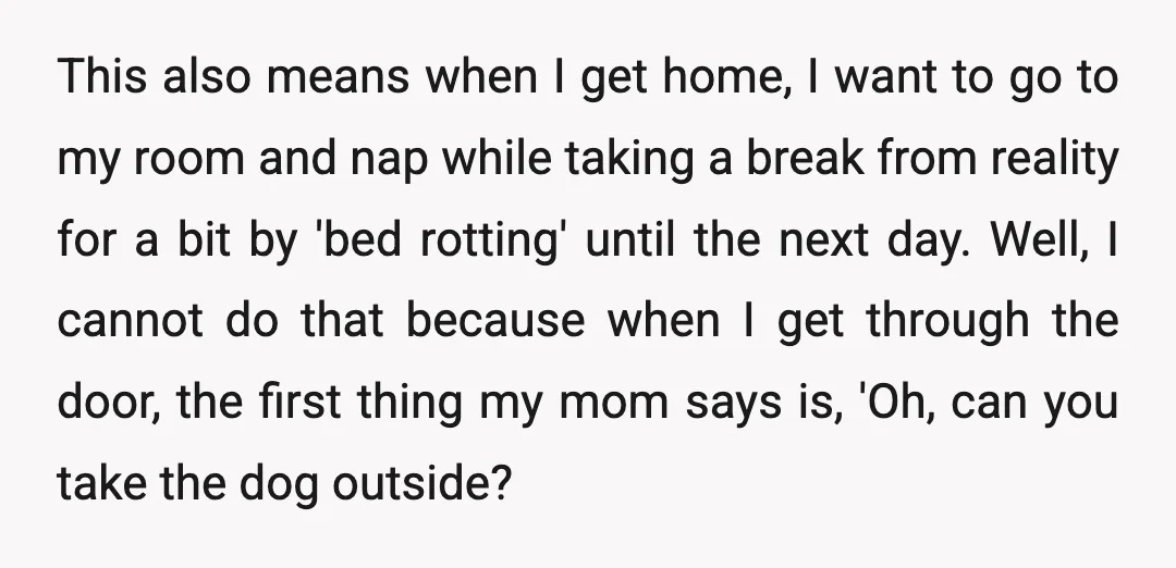 This also means when I get home, I want to go to my room and nap while taking a break from reality for a bit by 'bed rotting' until the...