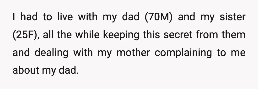I had to live with my dad (70M) and my sister (25F), all the while keeping this secret from them and dealing with my mother complaining to me about my...