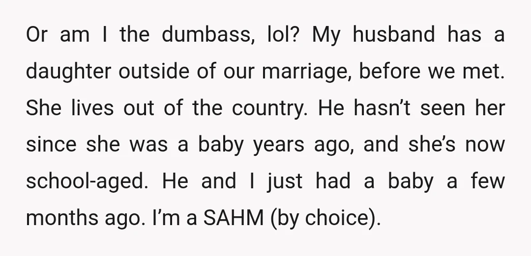 Or am I the dumbass, lol? My husband has a daughter outside of our marriage, before we met. She lives out of the country. He hasn’t seen her since she...