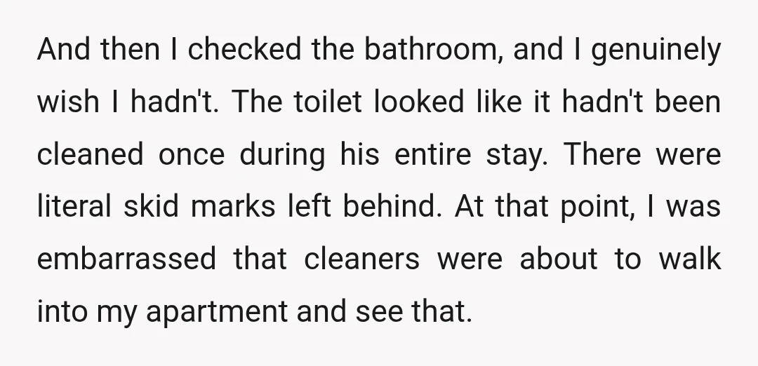 And then I checked the bathroom, and I genuinely wish I hadn't. The toilet looked like it hadn't been cleaned once during his entire stay. There were literal skid marks...
