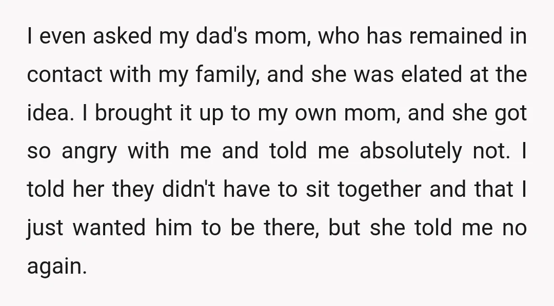 I even asked my dad's mom, who has remained in contact with my family, and she was elated at the idea. I brought it up to my own mom, and...
