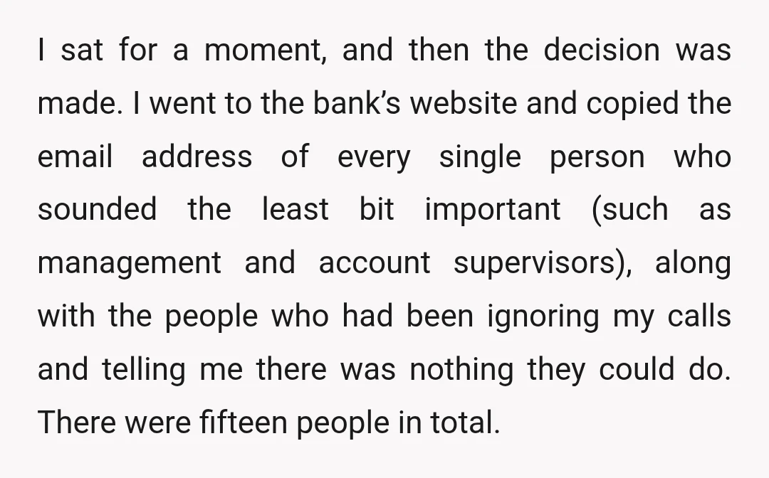 I sat for a moment, and then the decision was made. I went to the bank’s website and copied the email address of every single person who sounded the least...