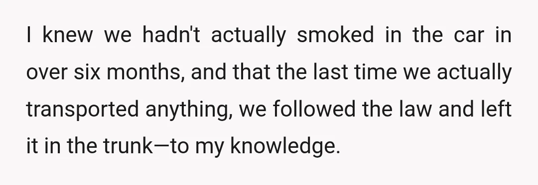 I knew we hadn't actually smoked in the car in over six months, and that the last time we actually transported anything, we followed the law and left it in...