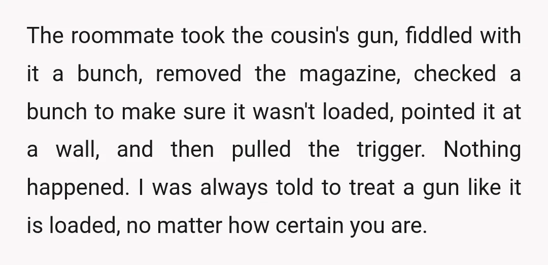 The roommate took the cousin's gun, fiddled with it a bunch, removed the magazine, checked a bunch to make sure it wasn't loaded, pointed it at a wall, and then...