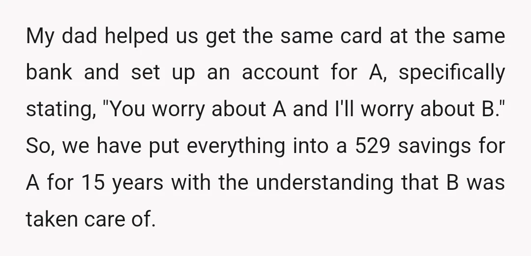 My dad helped us get the same card at the same bank and set up an account for A, specifically stating, "You worry about A and I'll worry about B."...