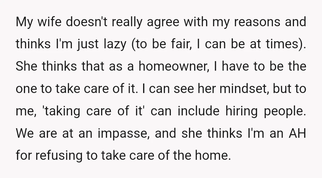 My wife doesn't really agree with my reasons and thinks I'm just lazy (to be fair, I can be at times). She thinks that as a homeowner, I have to...