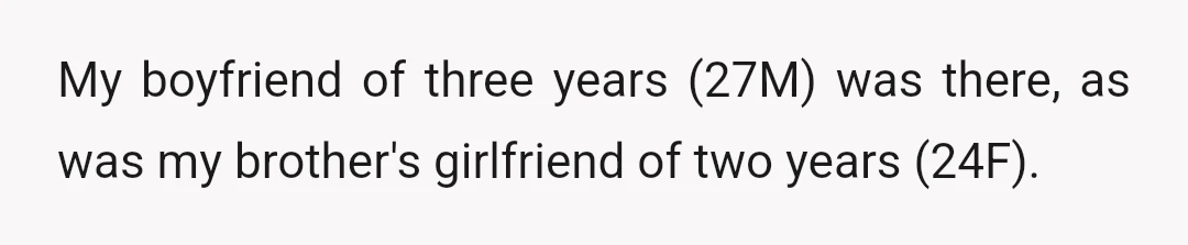 My boyfriend of three years (27M) was there, as was my brother's girlfriend of two years (24F).
