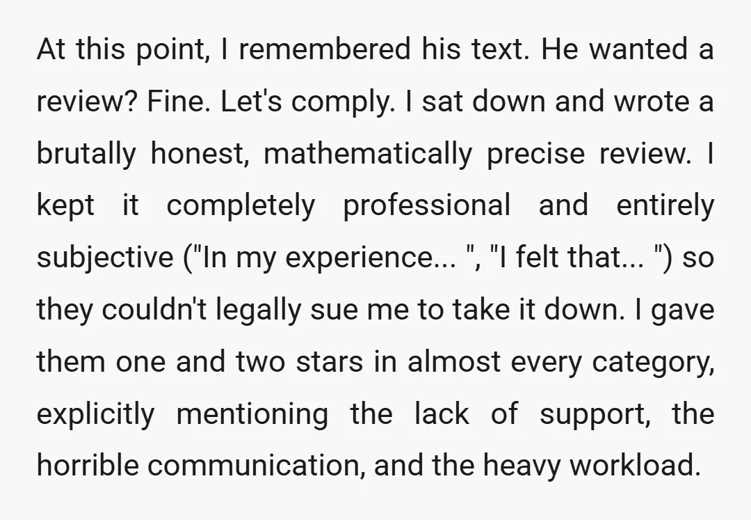 At this point, I remembered his text. He wanted a review? Fine. Let's comply. I sat down and wrote a brutally honest, mathematically precise review. I kept it completely professional...