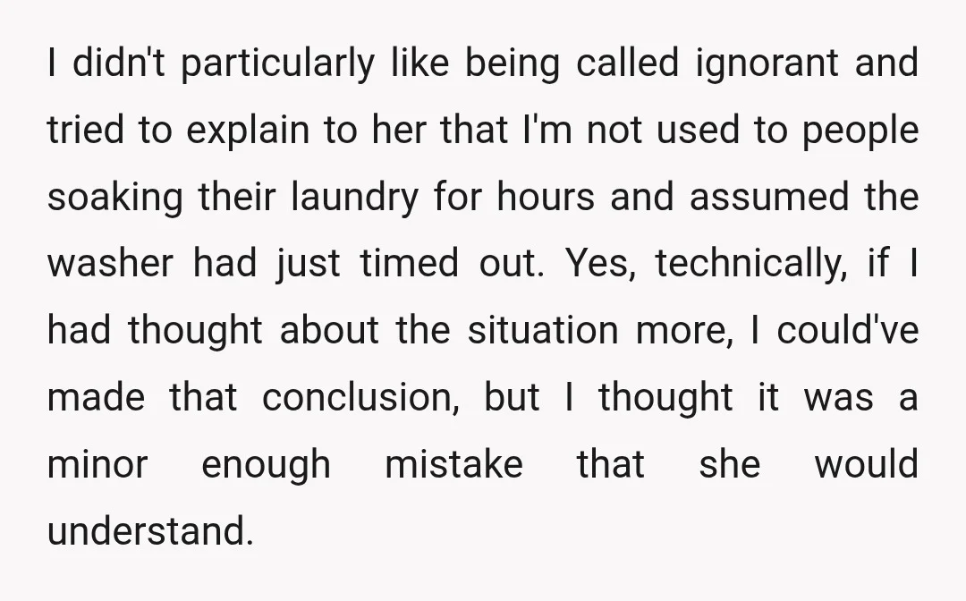 I didn't particularly like being called ignorant and tried to explain to her that I'm not used to people soaking their laundry for hours and assumed the washer had just...