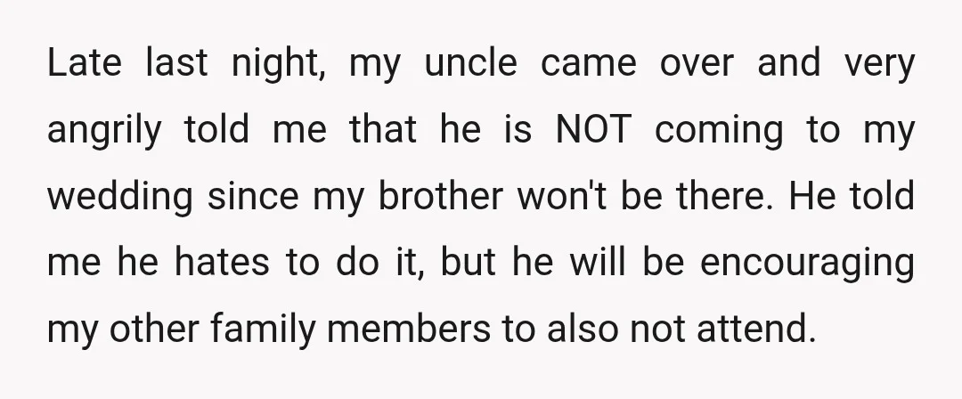 Late last night, my uncle came over and very angrily told me that he is NOT coming to my wedding since my brother won't be there. He told me he...