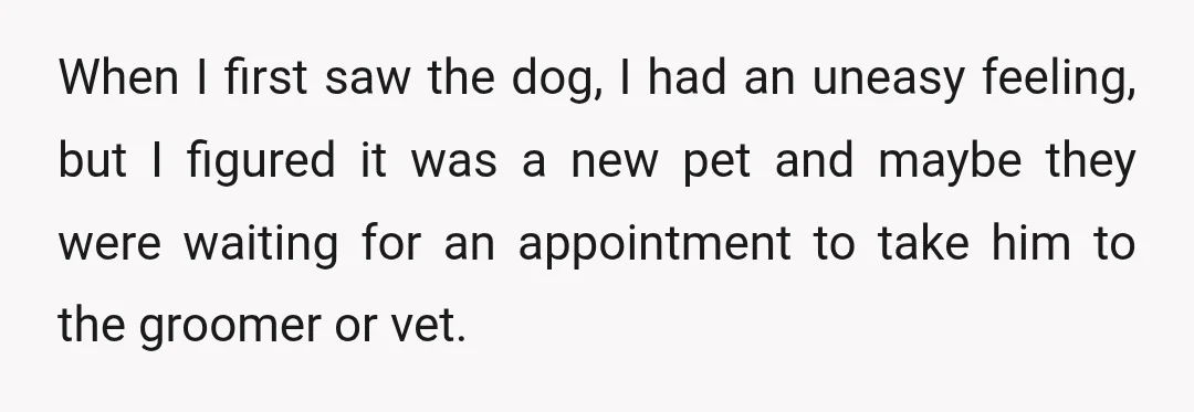 When I first saw the dog, I had an uneasy feeling, but I figured it was a new pet and maybe they were waiting for an appointment to take him...