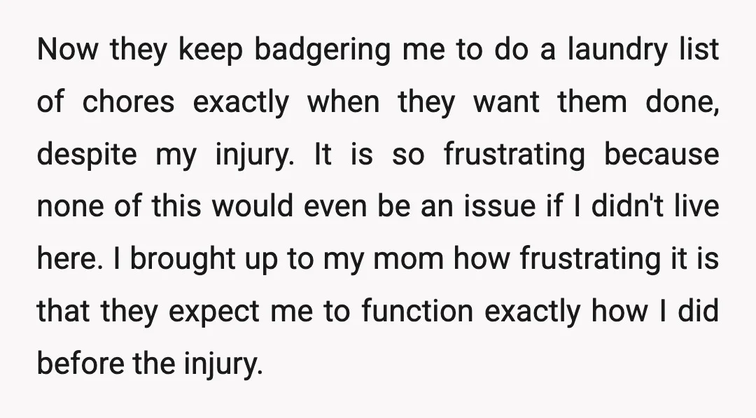 Now they keep badgering me to do a laundry list of chores exactly when they want them done, despite my injury. It is so frustrating because none of this would...