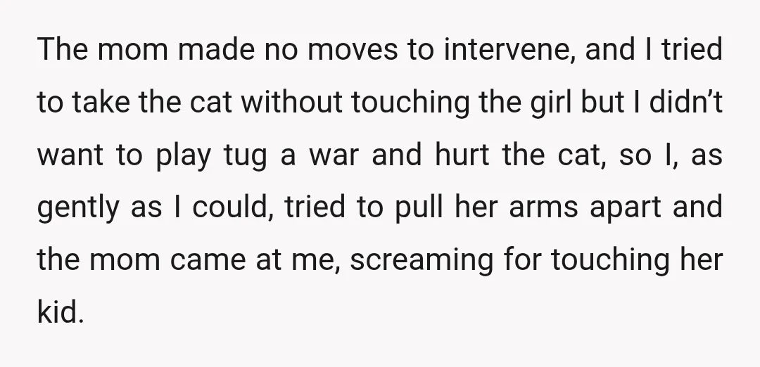 The mom made no moves to intervene, and I tried to take the cat without touching the girl but I didn’t want to play tug a war and hurt the...