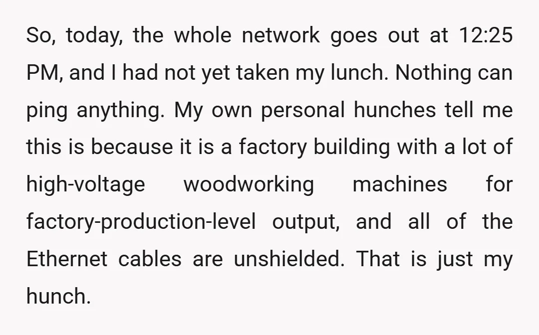 So, today, the whole network goes out at 12:25 PM, and I had not yet taken my lunch. Nothing can ping anything. My own personal hunches tell me this is...