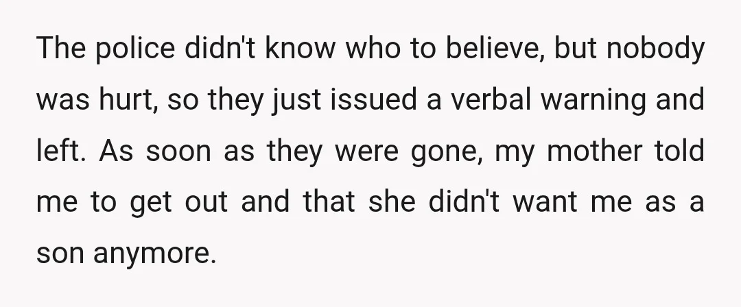 The police didn't know who to believe, but nobody was hurt, so they just issued a verbal warning and left. As soon as they were gone, my mother told me...