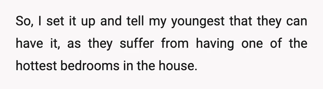 So, I set it up and tell my youngest that they can have it, as they suffer from having one of the hottest bedrooms in the house.