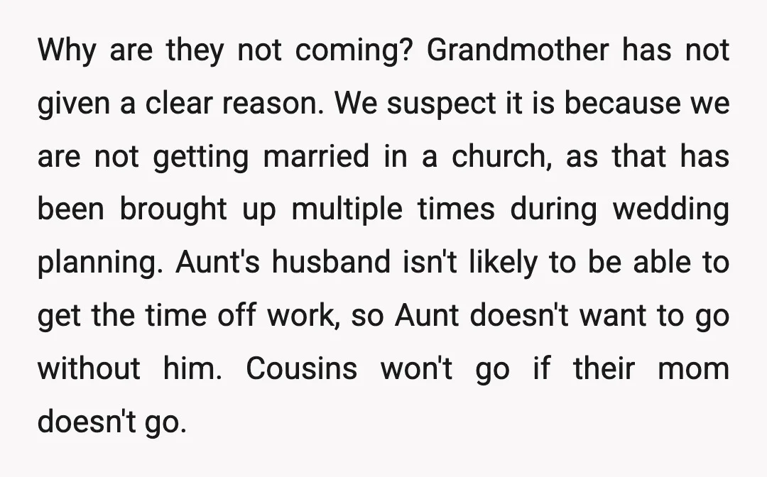 Why are they not coming? Grandmother has not given a clear reason. We suspect it is because we are not getting married in a church, as that has been brought...