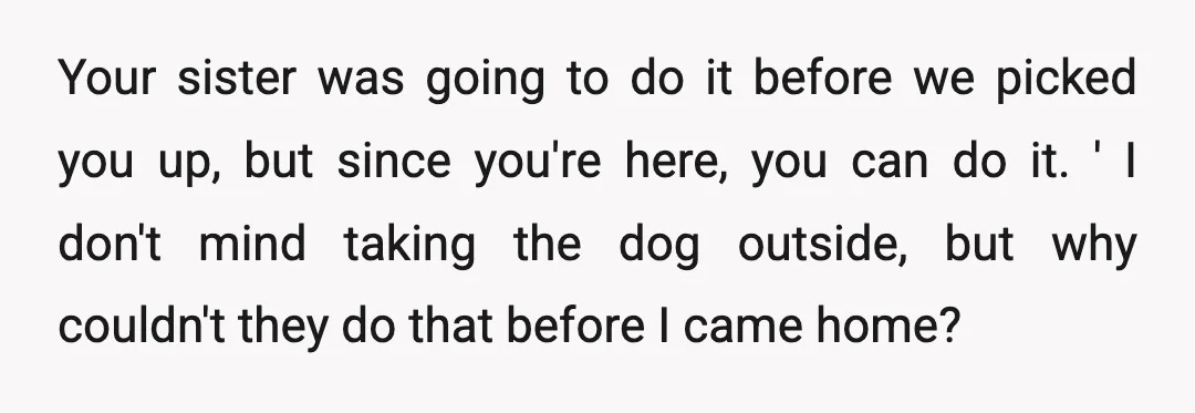 Your sister was going to do it before we picked you up, but since you're here, you can do it. ' I don't mind taking the dog outside, but why...