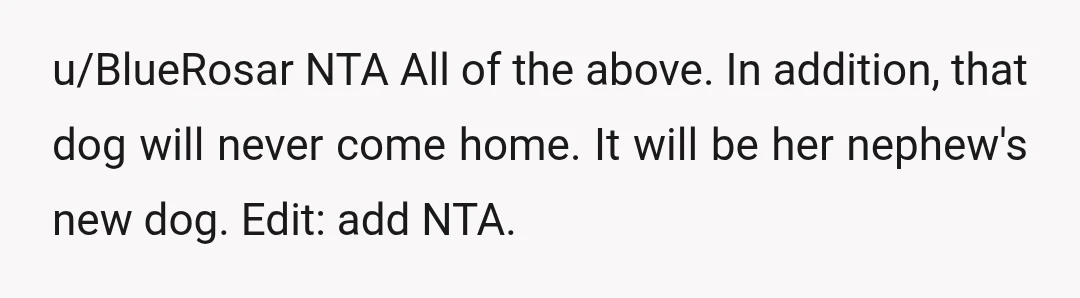 u/BlueRosar
NTA
All of the above.
In addition, that dog will never come home. It will be her nephew's new dog.
Edit: add NTA.