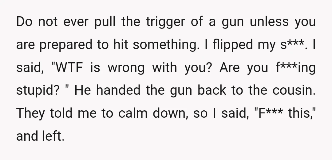 Do not ever pull the trigger of a gun unless you are prepared to hit something. I flipped my s***. I said, "WTF is wrong with you? Are you f***ing...