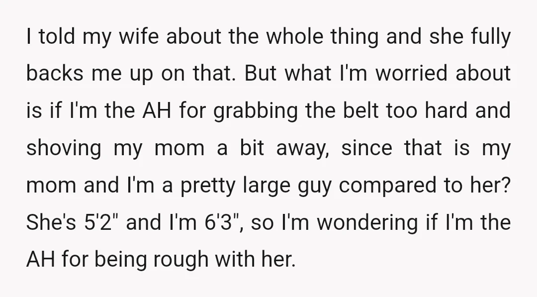 I told my wife about the whole thing and she fully backs me up on that. But what I'm worried about is if I'm the AH for grabbing the belt...