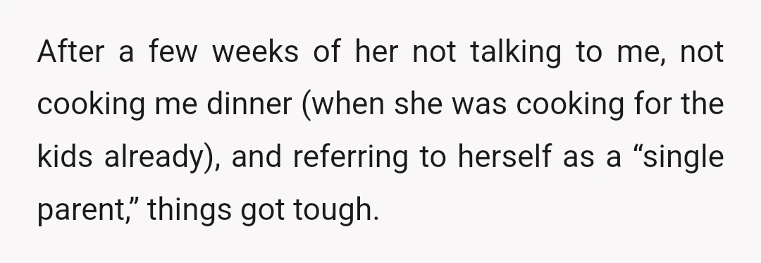 After a few weeks of her not talking to me, not cooking me dinner (when she was cooking for the kids already), and referring to herself as a “single parent,”...