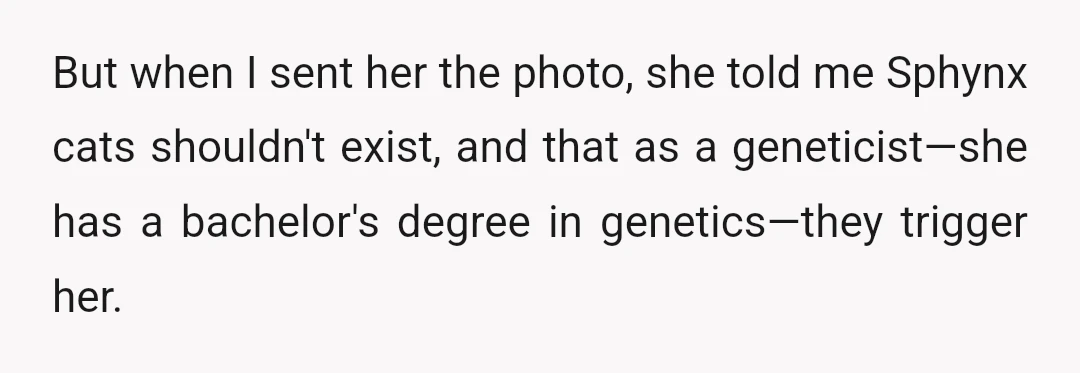 But when I sent her the photo, she told me Sphynx cats shouldn't exist, and that as a geneticist—she has a bachelor's degree in genetics—they trigger her.
