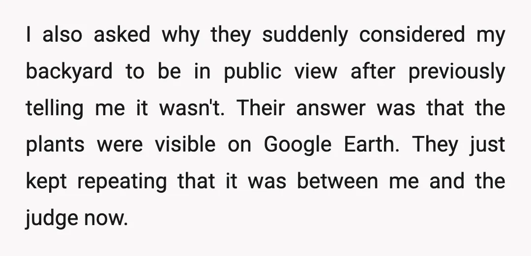 I also asked why they suddenly considered my backyard to be in public view after previously telling me it wasn't. Their answer was that the plants were visible on Google...
