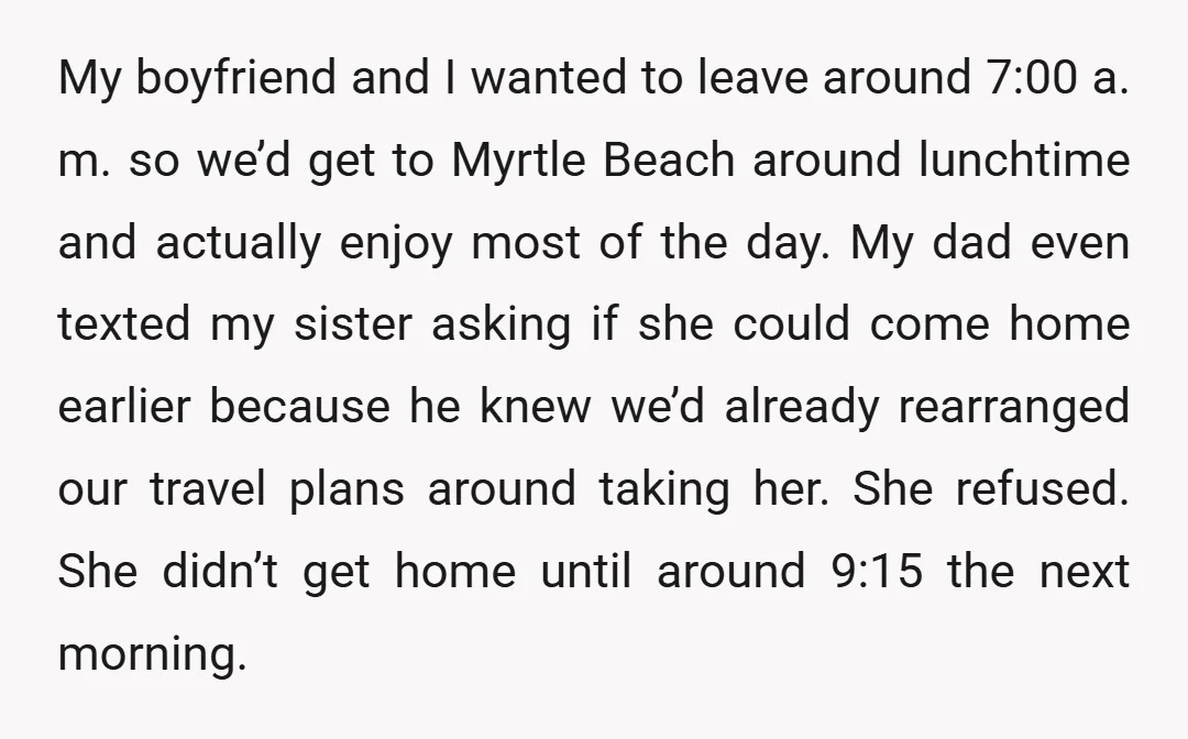 My boyfriend and I wanted to leave around 7:00 a. m. so we’d get to Myrtle Beach around lunchtime and actually enjoy most of the day. My dad even texted...