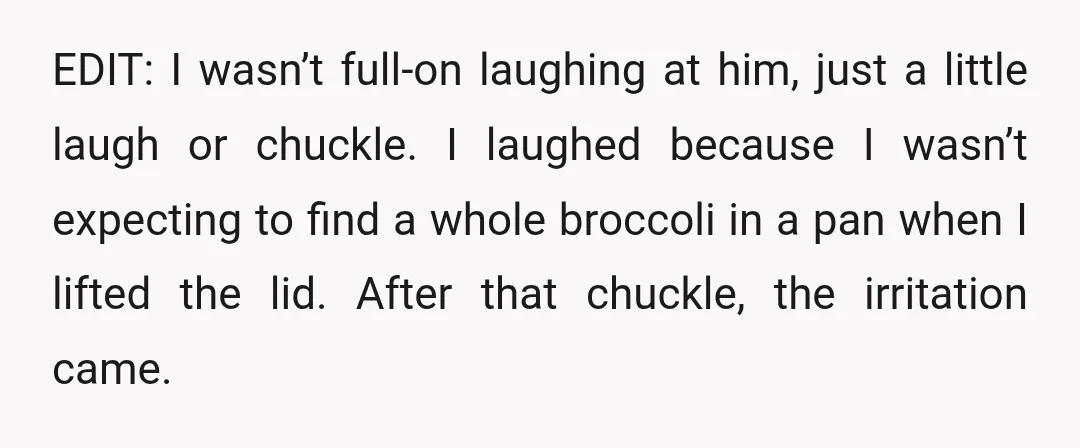 EDIT: I wasn’t full-on laughing at him, just a little laugh or chuckle. I laughed because I wasn’t expecting to find a whole broccoli in a pan when I lifted...