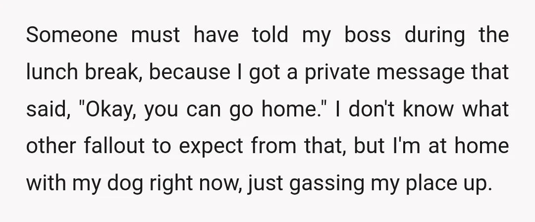 Someone must have told my boss during the lunch break, because I got a private message that said, "Okay, you can go home." I don't know what other fallout to...