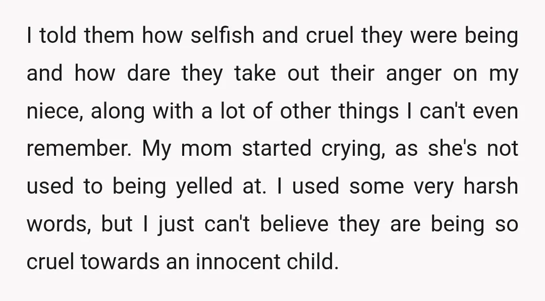 I told them how selfish and cruel they were being and how dare they take out their anger on my niece, along with a lot of other things I can't...