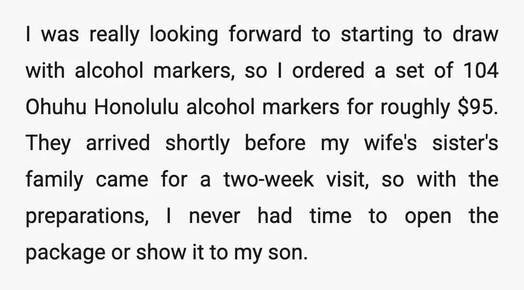 I was really looking forward to starting to draw with alcohol markers, so I ordered a set of 104 Ohuhu Honolulu alcohol markers for roughly $95. They arrived shortly before...