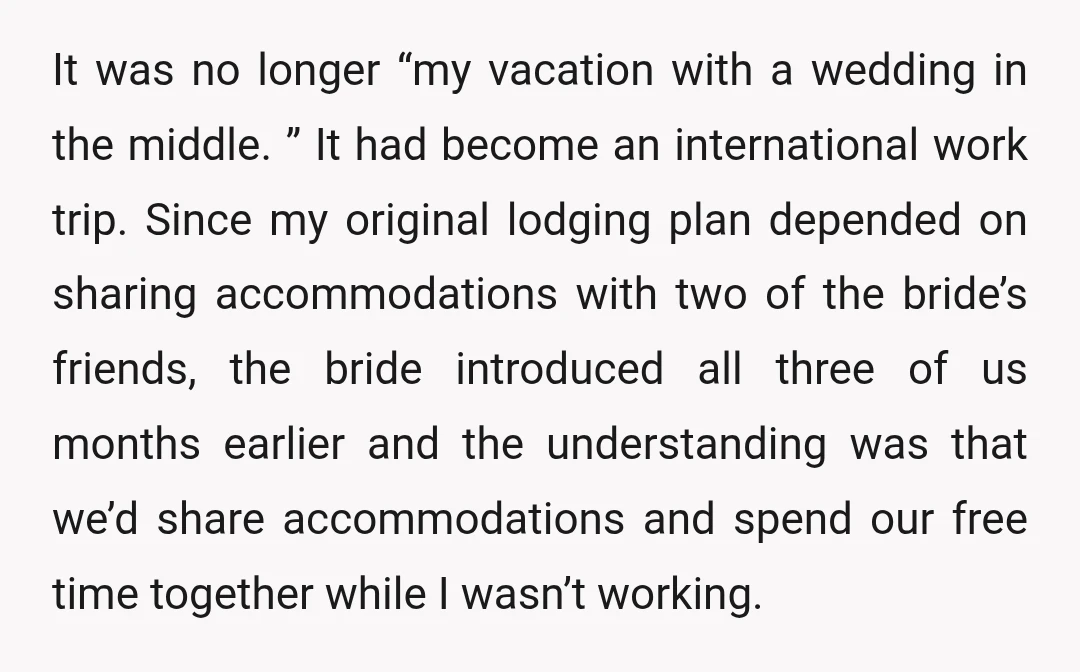 It was no longer “my vacation with a wedding in the middle. ” It had become an international work trip. Since my original lodging plan depended on sharing accommodations with...