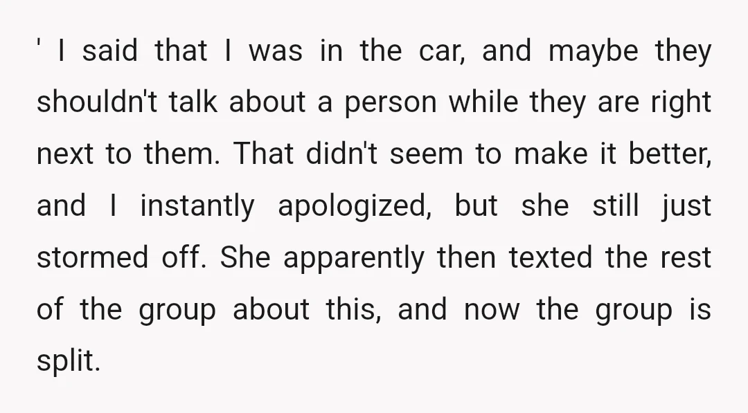 ' I said that I was in the car, and maybe they shouldn't talk about a person while they are right next to them. That didn't seem to make it...