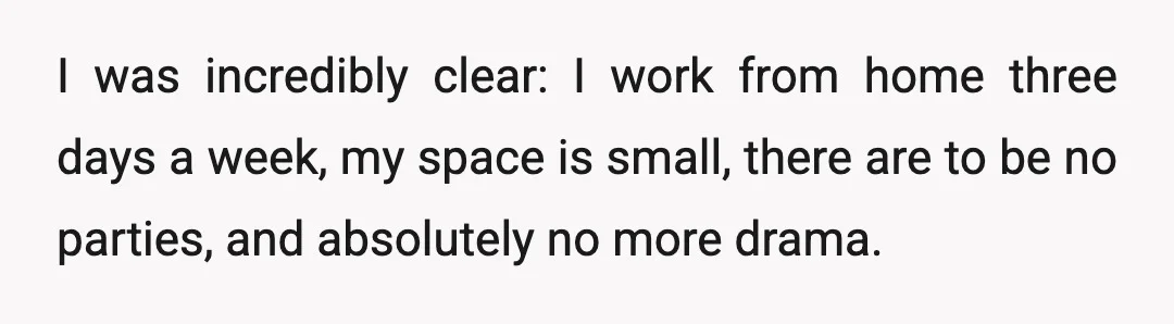 I was incredibly clear: I work from home three days a week, my space is small, there are to be no parties, and absolutely no more drama.