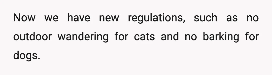 Now we have new regulations, such as no outdoor wandering for cats and no barking for dogs.