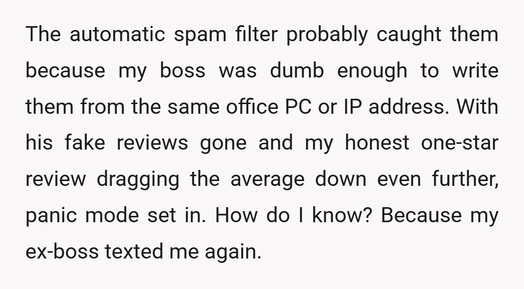 The automatic spam filter probably caught them because my boss was dumb enough to write them from the same office PC or IP address. With his fake reviews gone and...